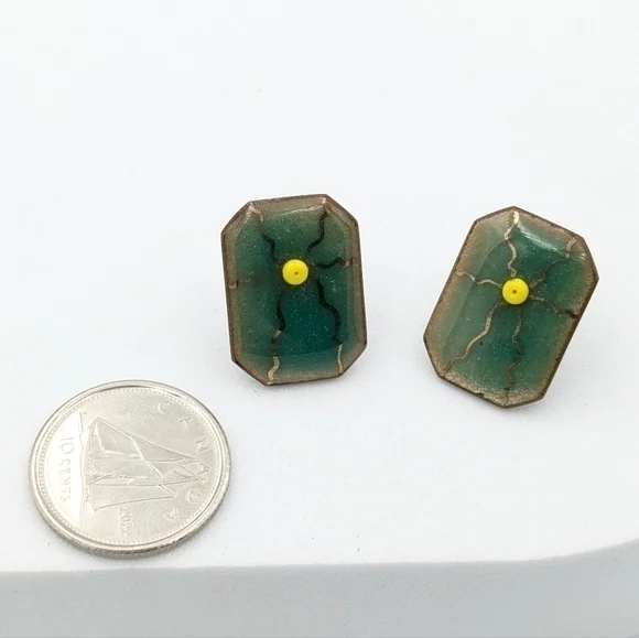 4/24$  Hand crafted artisan earrings green and yellow enamel - Picture 4 of 5
